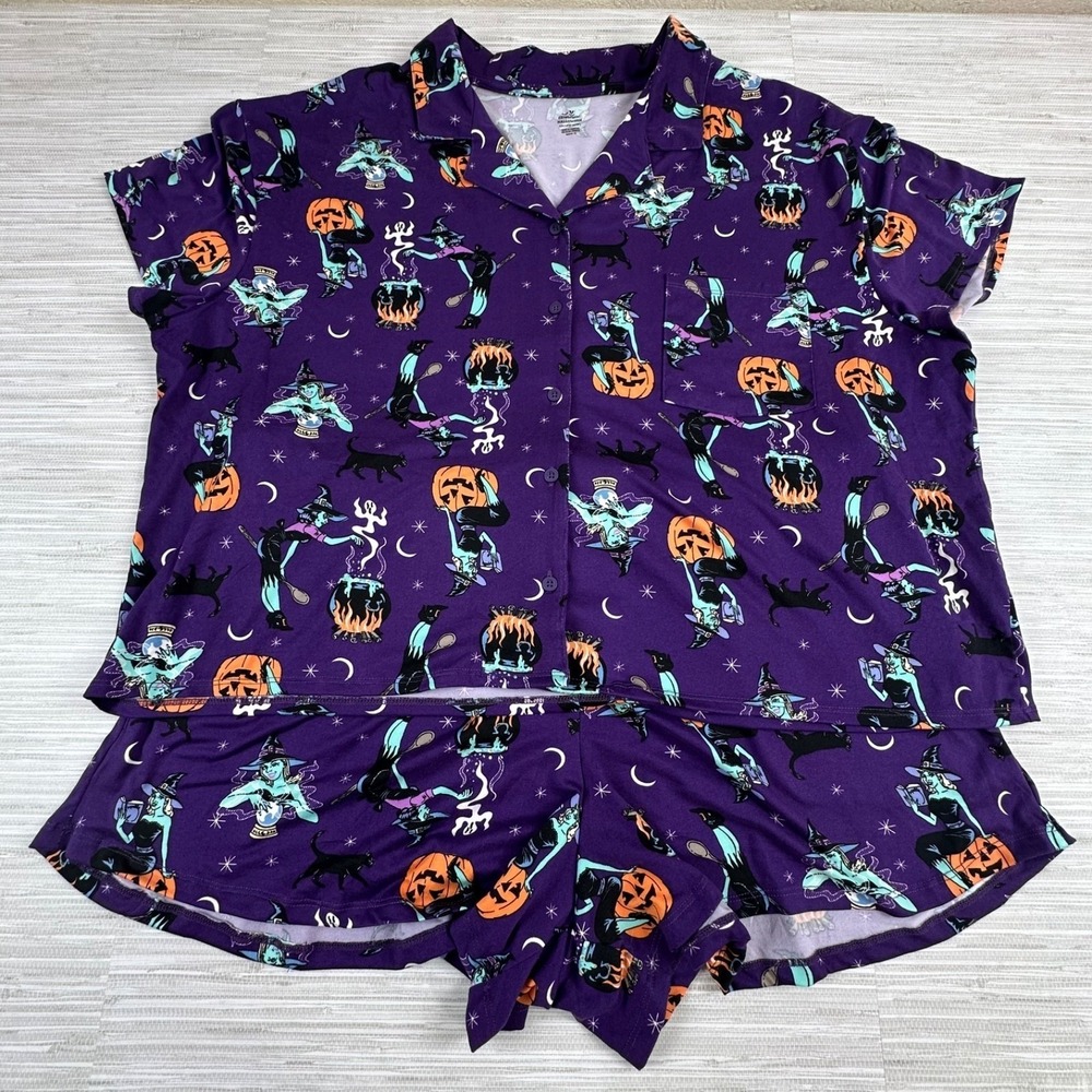 Women Halloween Pinup Witch Pajama Set Sz 2X Two Piece Top Shorts Novelty Print